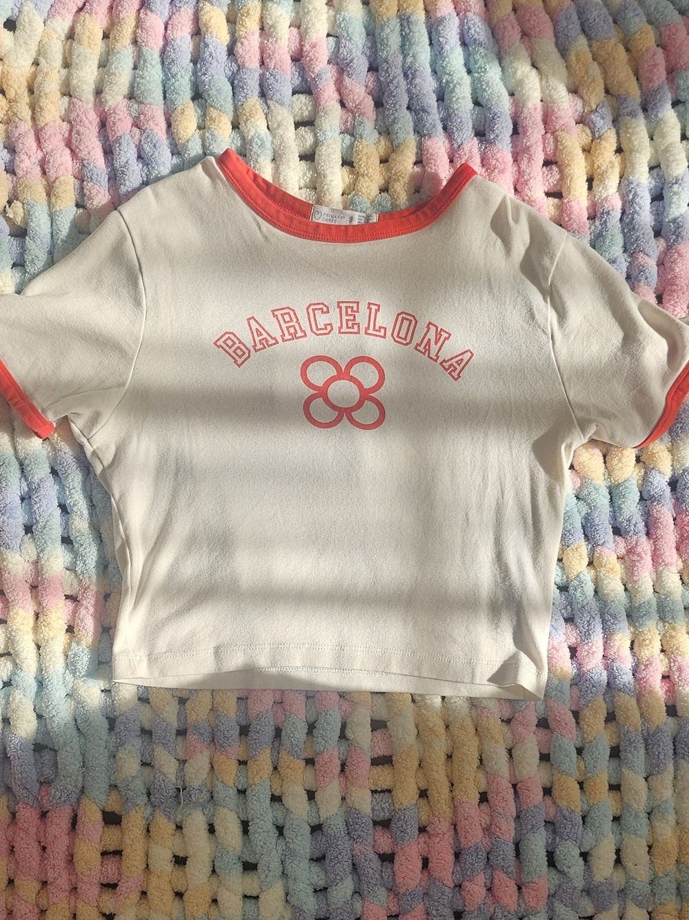 Primark White Crop Tee with Red Trim and Barcelona Graphic